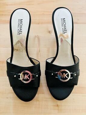 Michael Kors Black Slip-On Mules with Silver MK Emblem, Sz 7.5